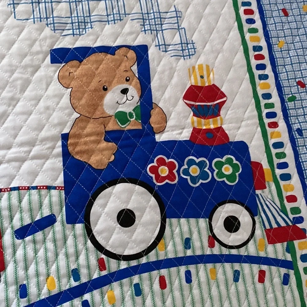 Teddy Bear Train Handmade‎ Quilt Satin Edges Baby Blanket Quilted Bear Nursery